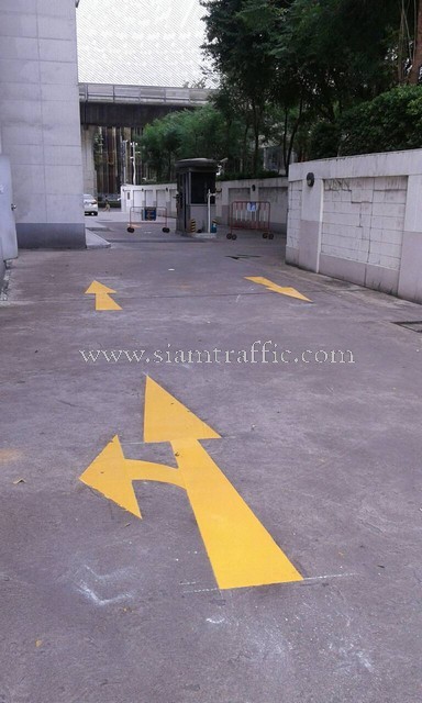 ตีเส้นด้วยสีเทอร์โมพลาสติกโรยลูกแก้วสะท้อนแสง อาคารต้นสนทาวเวอร์